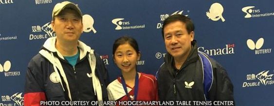 Tiffany Ke, with coaches Cheng Yinghua and Jack Huang after she won the bronze medal at the North American Hopes Trials in April 2016 in Markham, Ontario. (Photo Courtesy of Larry Hodges/Maryland Table Tennis Center)